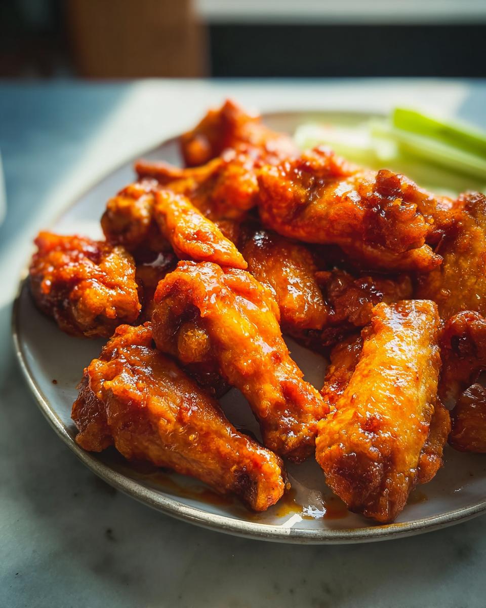 A plate of glossy, glazed chicken wings served with celery sticks, showcasing one of 10 Genius Chicken Wings Recipes Ideas.