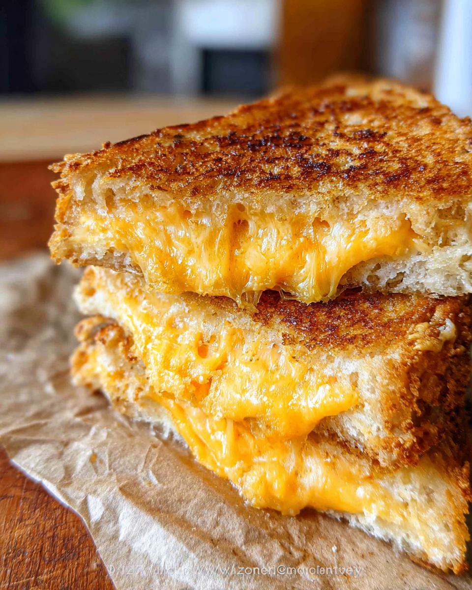 Close-up of a perfectly grilled cheese sandwich, cut in half, with melted cheese oozing out. A quick and easy grilled cheese recipe.