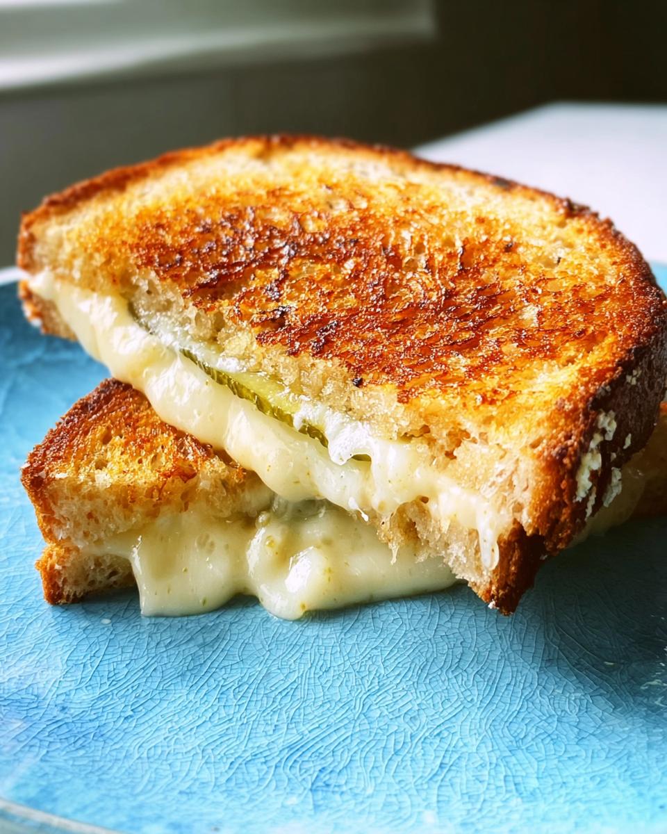 A close-up of a perfectly grilled cheese sandwich with melted cheese oozing out, featuring pickle slices.