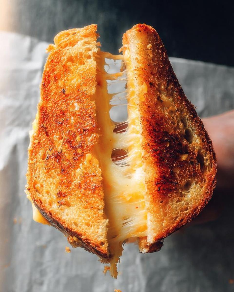 A perfectly grilled cheese sandwich with melted cheese stretching out, a classic grilled cheese recipe.