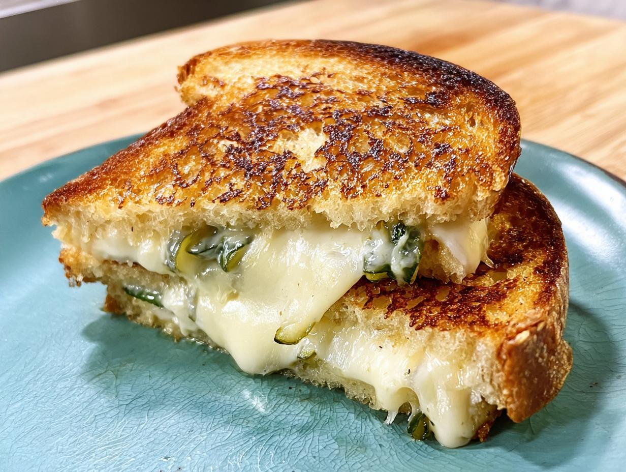 A close-up of a perfectly grilled cheese sandwich, oozing with melted cheese and green fillings.