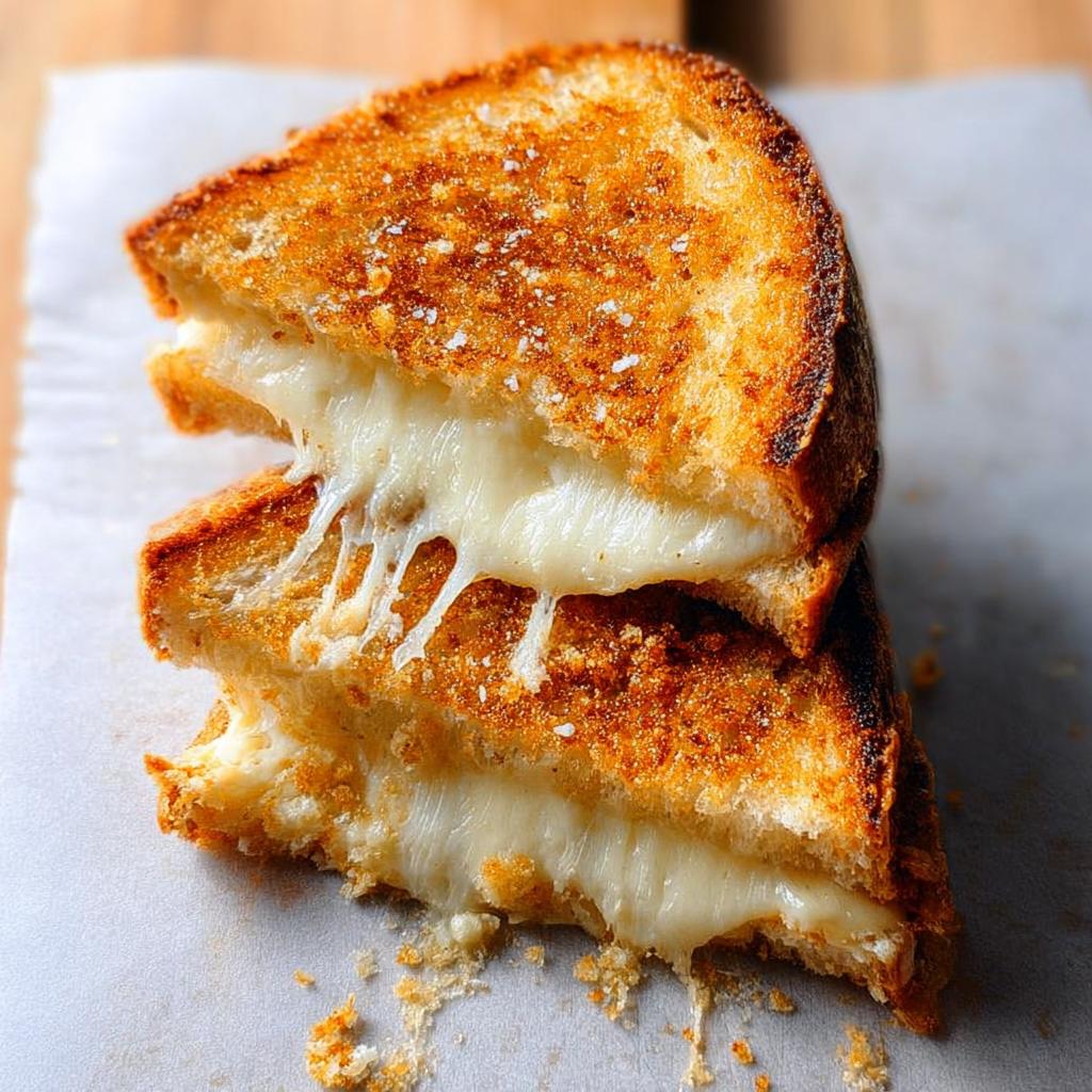A perfectly grilled cheese sandwich, cut in half and stacked, with gooey melted cheese oozing out. A delicious grilled cheese recipe.