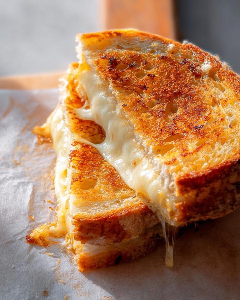 Close-up of a perfectly grilled cheese sandwich with melted cheese oozing out, showcasing golden-brown bread.