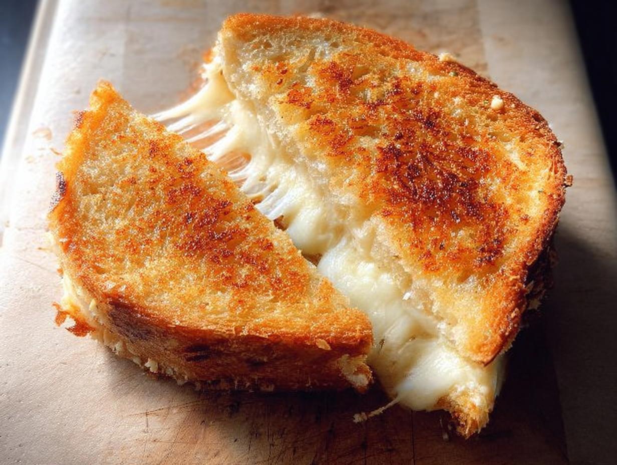 A perfectly grilled cheese sandwich, cut in half, with gooey melted cheese stretching out. A classic grilled cheese recipe.