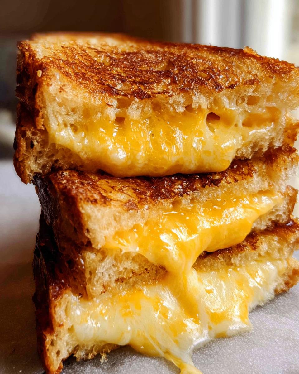 A stack of two perfectly grilled cheese sandwiches, with melted cheese oozing out.