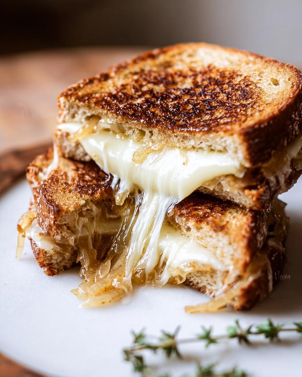 A close-up of a stacked grilled cheese sandwich with caramelized onions and melted cheese oozing out.