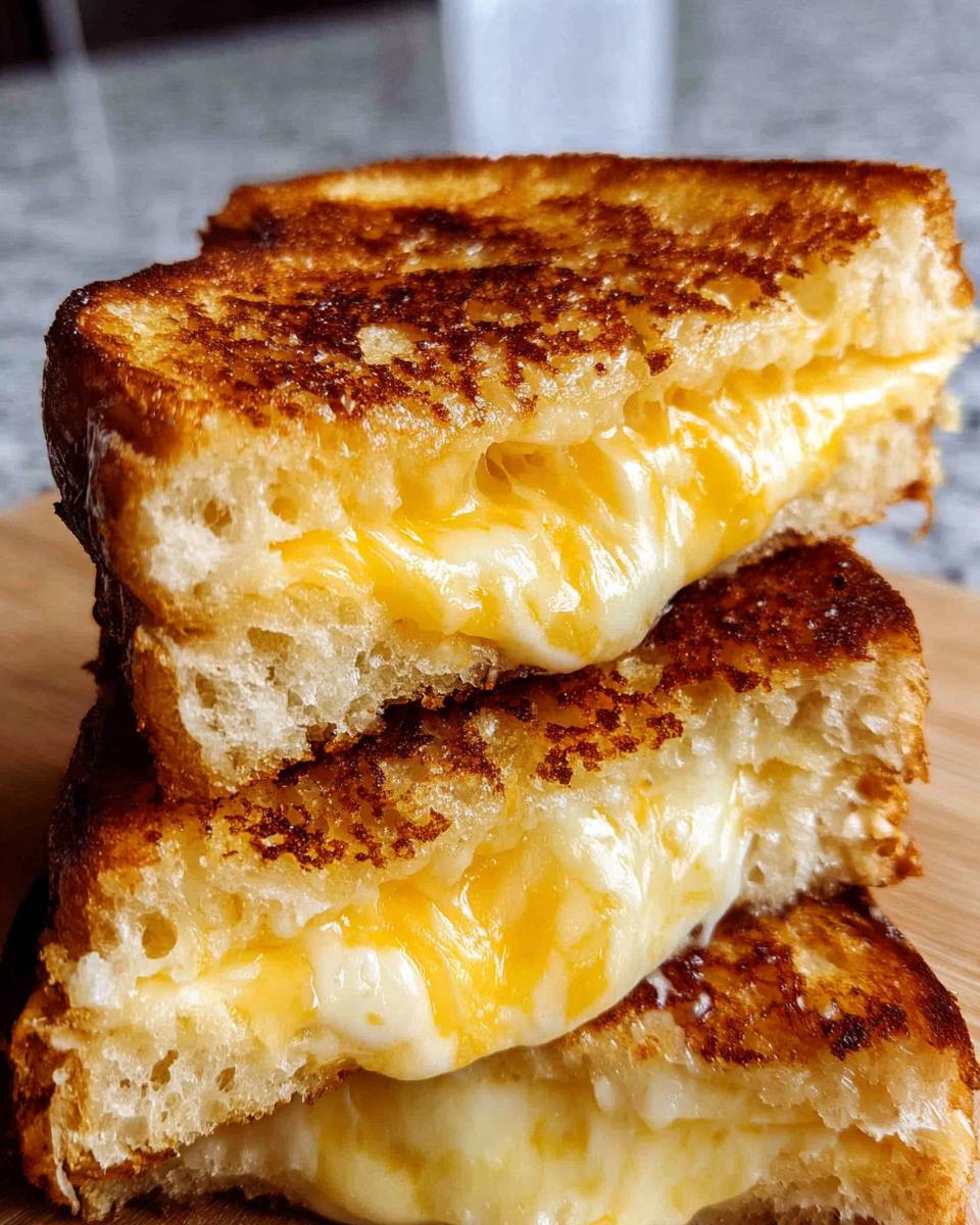 Close-up of a stack of perfectly grilled cheese sandwiches with gooey melted cheese oozing out.