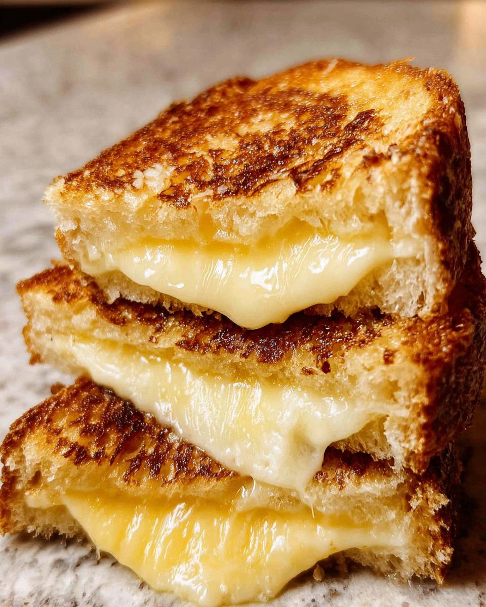 Close-up of a stacked, perfectly golden-brown grilled cheese sandwich with gooey melted cheese oozing out.
