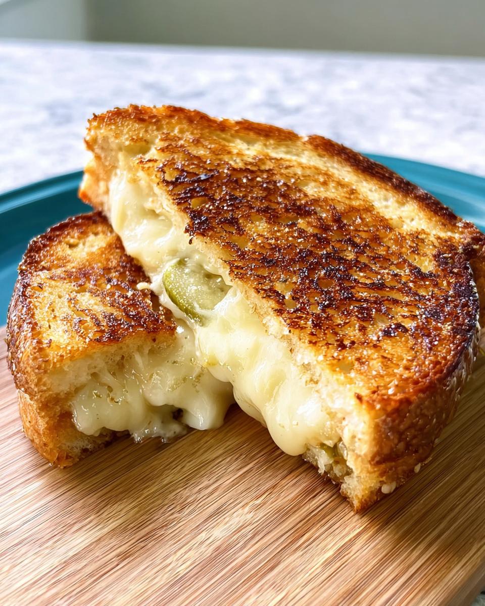A close-up of a grilled cheese sandwich cut in half, revealing melted cheese and pickle slices. One of 20 Genius Grilled Cheese Recipes Ideas.