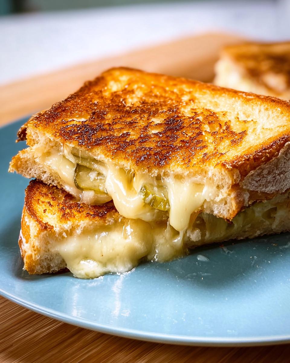 A close-up of a grilled cheese sandwich cut in half, revealing melted cheese and pickles, perfect for busy weeknights.