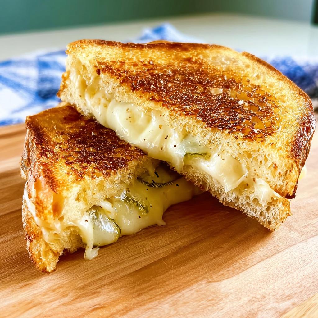 A close-up of a perfectly grilled cheese sandwich, cut in half, revealing melted cheese and pickle slices.