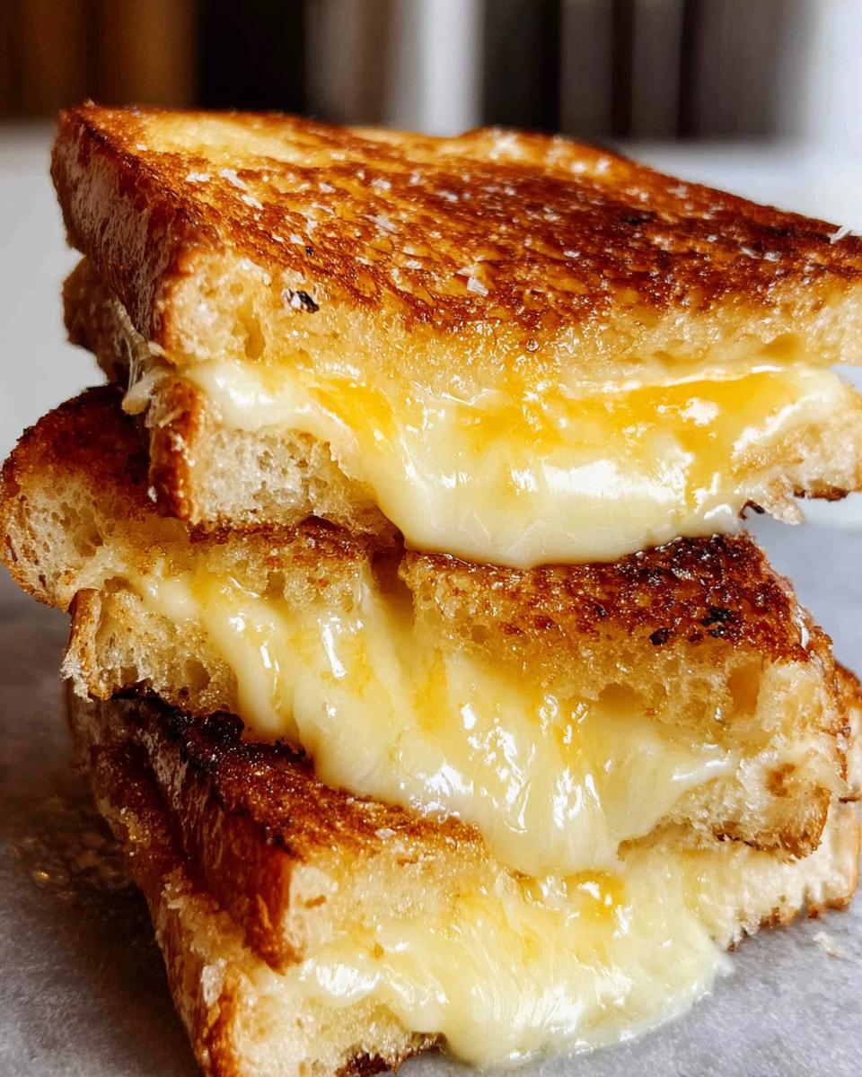Close-up of a stack of two perfectly grilled cheese sandwiches with gooey melted cheese oozing out.