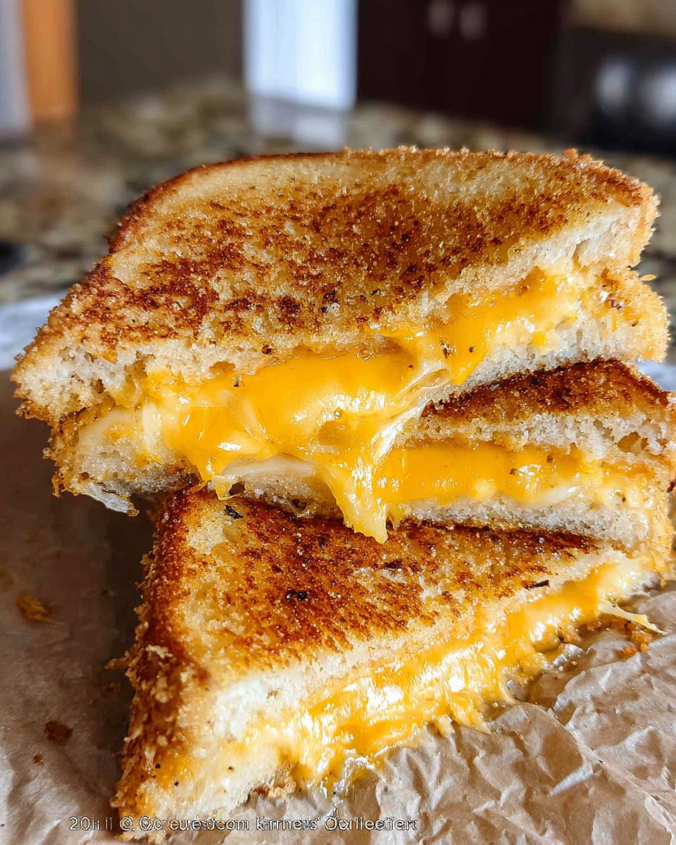 A close-up of a perfectly grilled cheese sandwich, cut in half, with melted cheese oozing out.