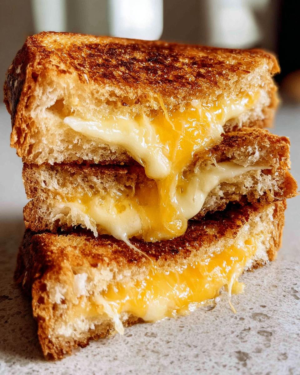Close-up of a stack of two perfectly grilled cheese sandwiches, with gooey melted cheese oozing out.