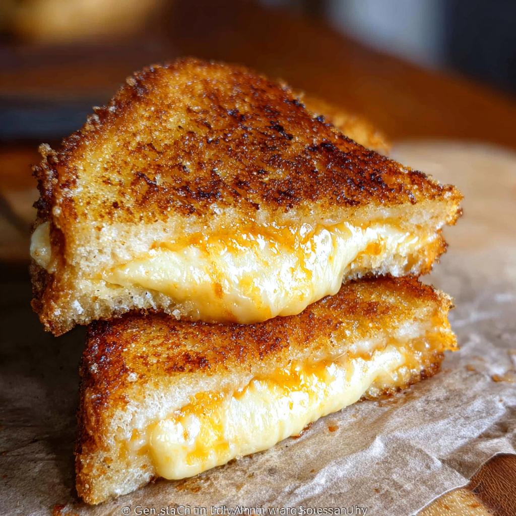 A close-up of two halves of a perfectly grilled cheese sandwich, with melted cheese oozing out.