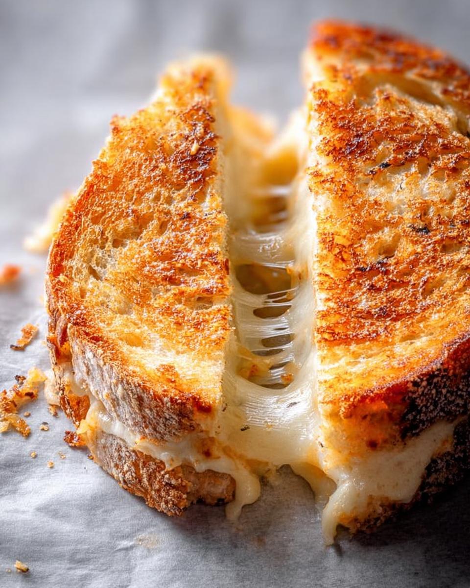 A perfectly grilled cheese recipe sandwich, cut in half, with melted cheese oozing out.