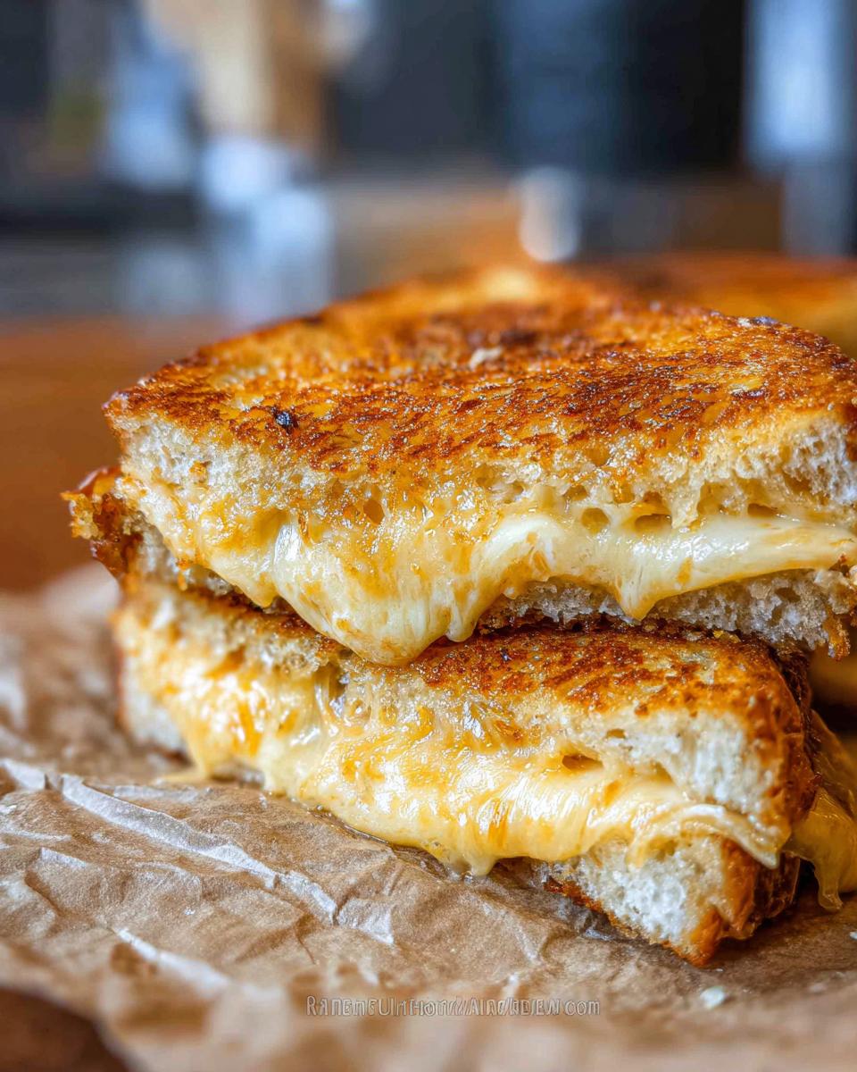 Close-up of a perfectly golden-brown grilled cheese sandwich, oozing with melted cheese, ready in 12 minutes.