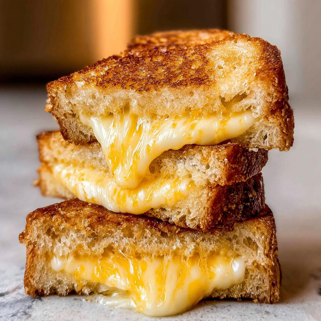 A stack of three perfectly golden-brown grilled cheese sandwiches with gooey, melted cheese oozing out.