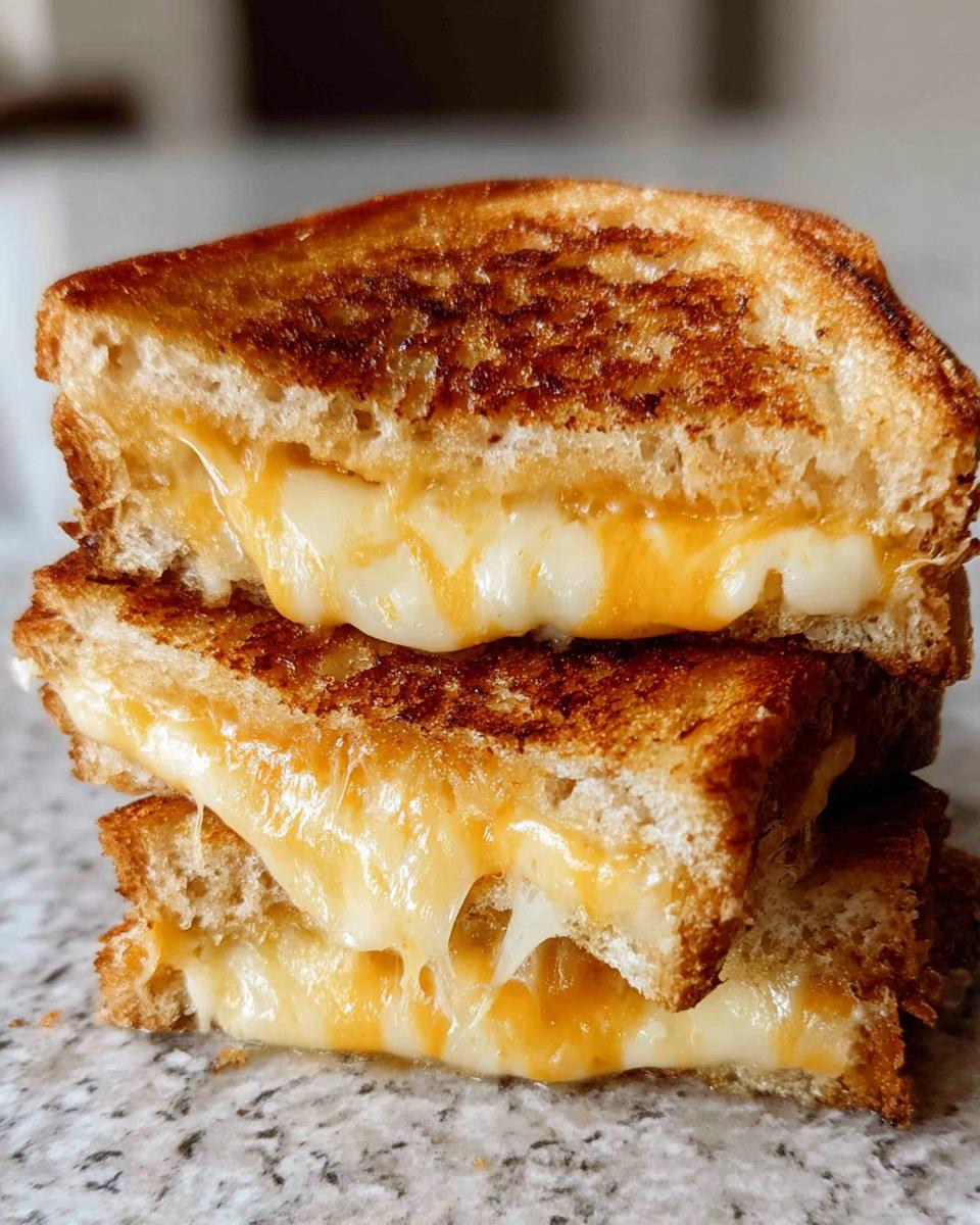 A stack of two perfectly grilled cheese sandwiches, oozing with melted cheese.