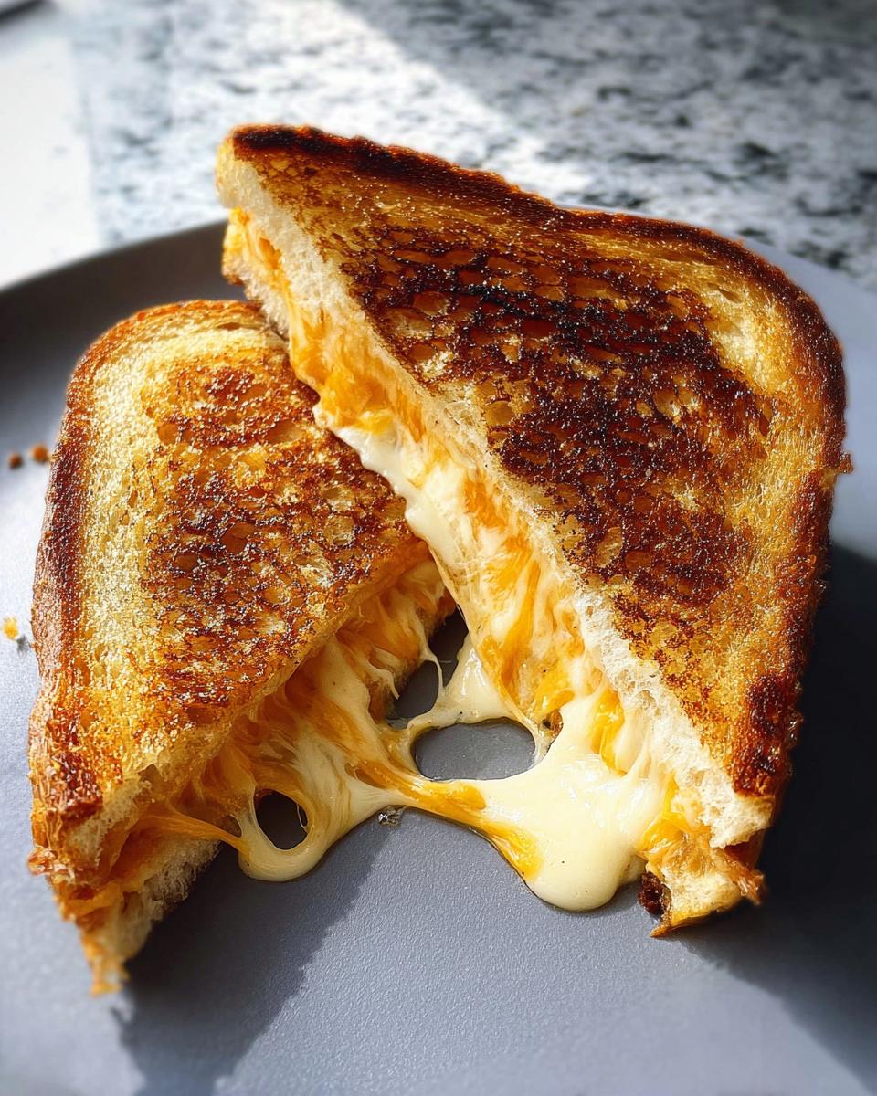 Close-up of a perfectly grilled cheese recipe sandwich, with gooey melted cheese oozing out.