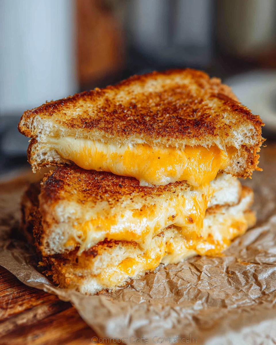 A close-up of a perfectly grilled cheese sandwich, cut in half, with melted cheese oozing out. This is one of our amazing grilled cheese recipes.