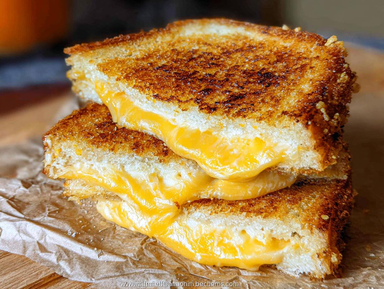 Close-up of two halves of a classic grilled cheese sandwich, with gooey melted cheddar cheese oozing out.