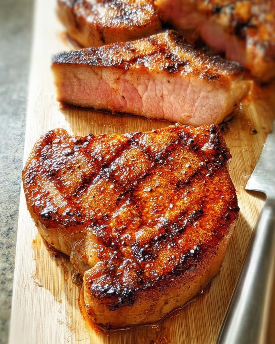 Close-up of perfectly grilled pork chops with grill marks, juicy and seasoned, on a wooden cutting board.