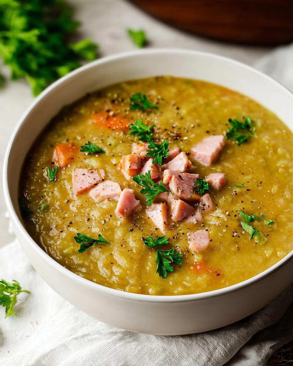 A bowl of hearty ham and pea soup, topped with diced ham and fresh parsley. Learn how to make soup recipes like a pro.