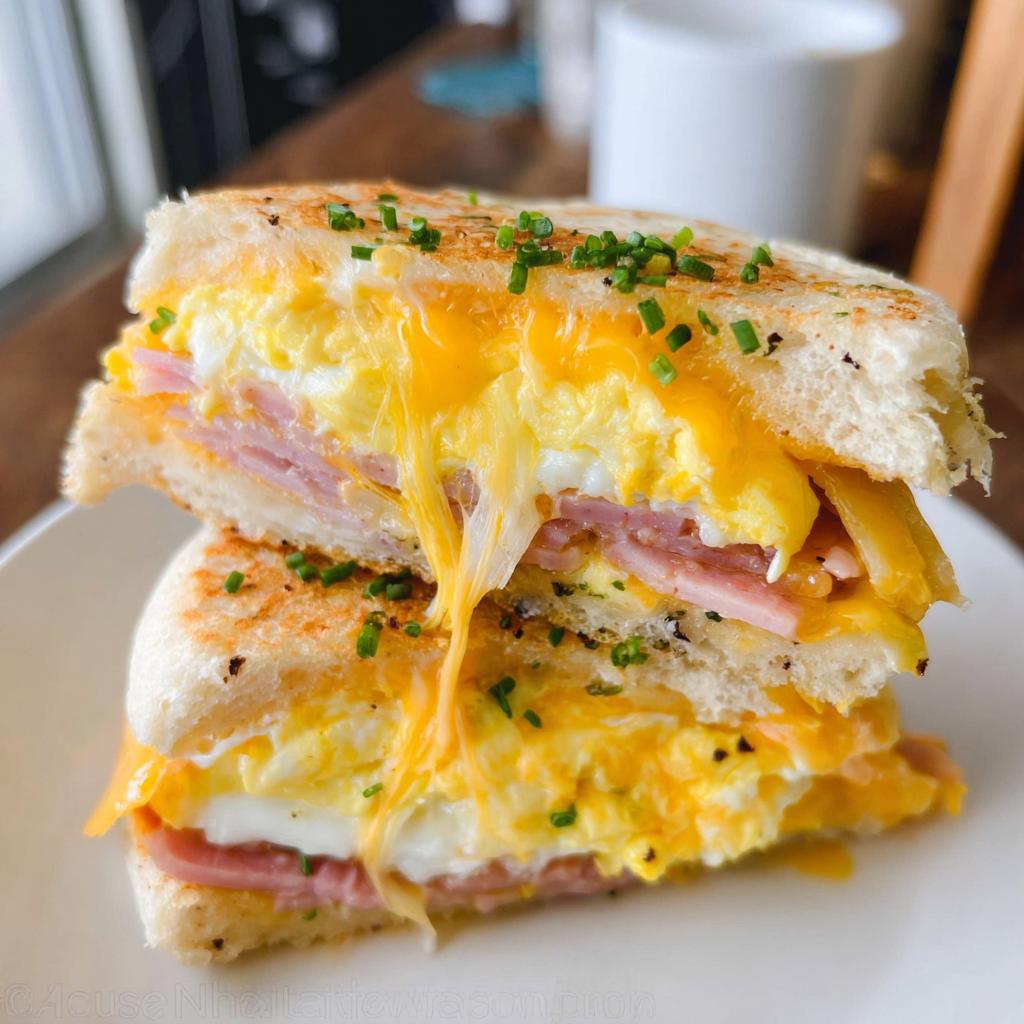 A close-up of a stacked ham and cheese egg sandwich, oozing with melted cheese and topped with chives.