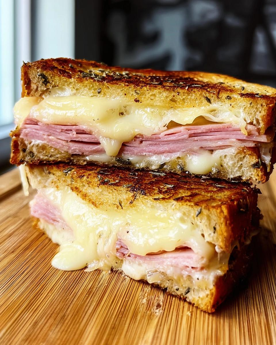 Close-up of a grilled ham and cheese sandwich, with melted cheese oozing out, perfect for sandwich ideas recipes.