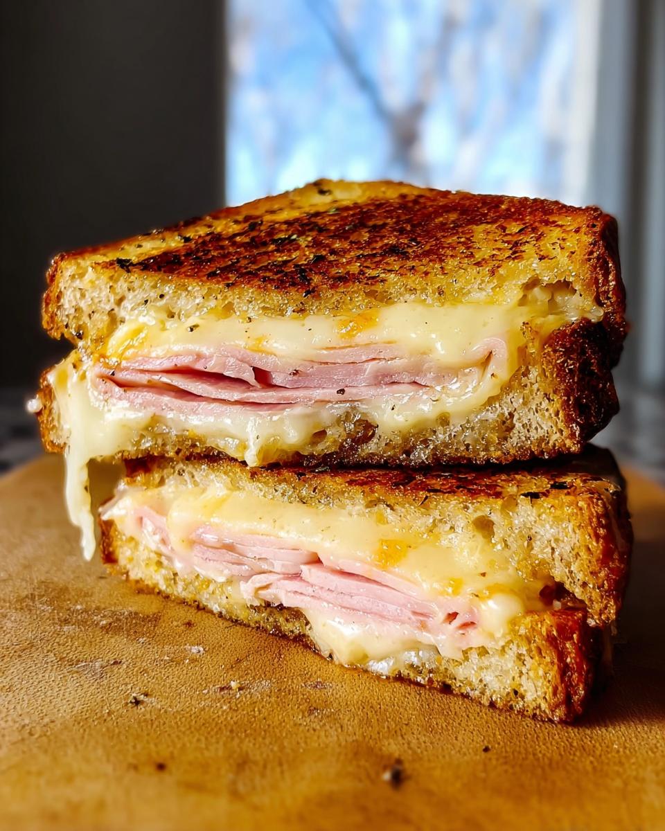 Close-up of a grilled ham and cheese sandwich, with melted cheese oozing out, perfect for sandwich ideas recipes.