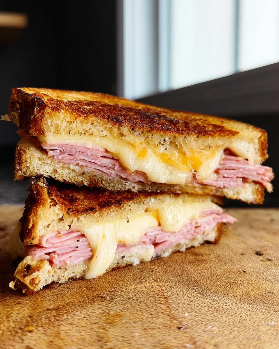Close-up of a perfectly grilled ham and cheese sandwich, with melted cheese oozing out.