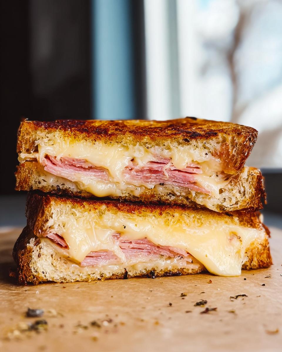 Close-up of a stacked ham and cheese sandwich, with melted cheese oozing out.
