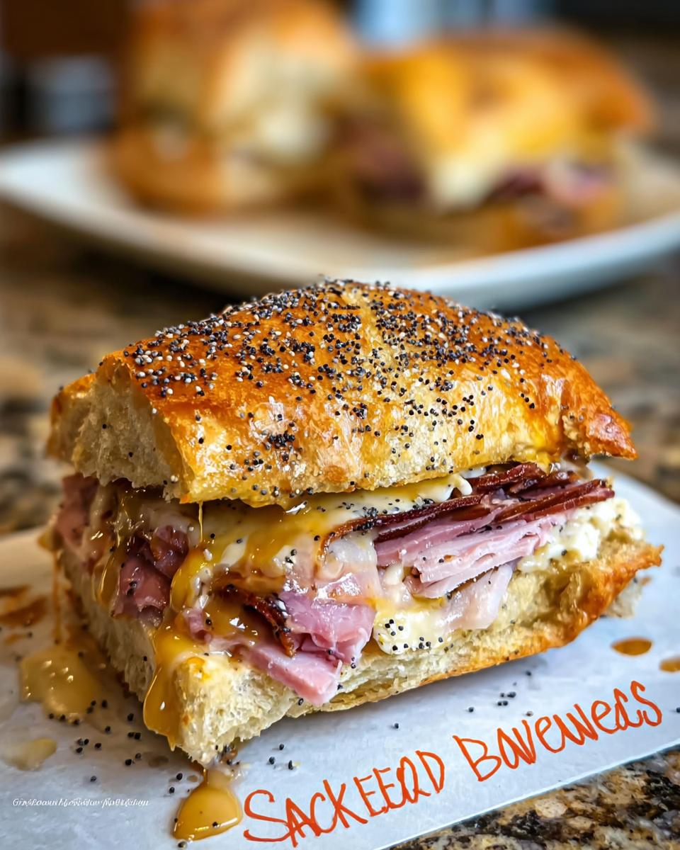 Close-up of a gourmet ham and cheese sandwich with melted cheese and honey drizzle.