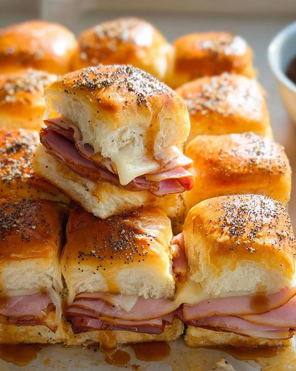 Close-up of delicious ham and cheese sliders with melted cheese, a perfect quick sandwich idea.