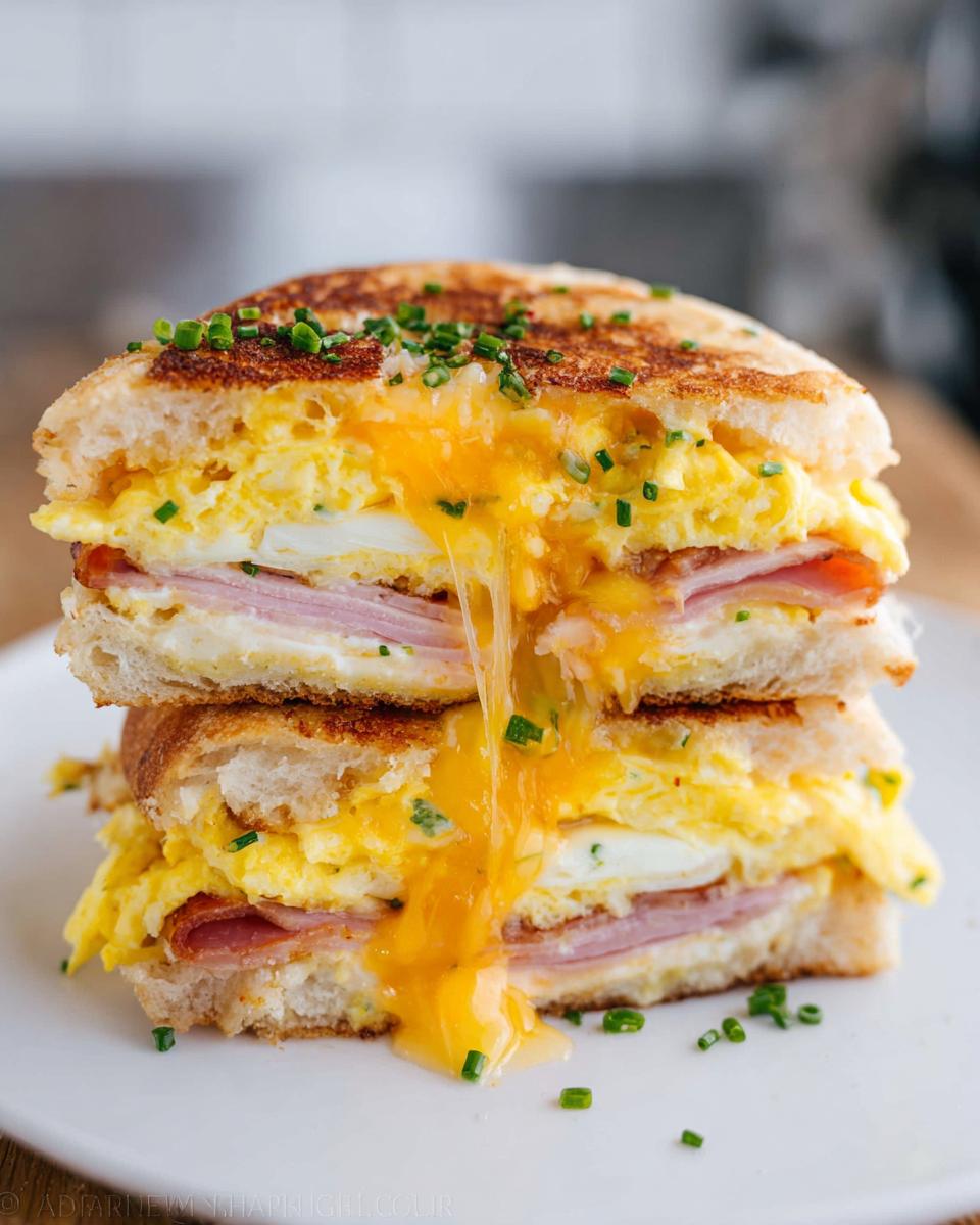 A stacked ham and egg sandwich with melted cheese, chives, and toasted bread. A perfect sandwich ideas recipe.