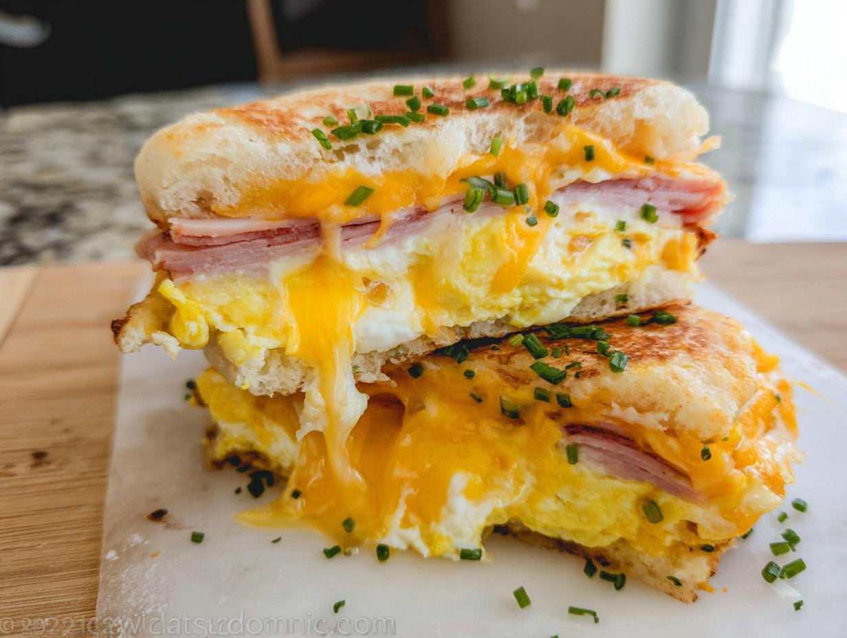 A mouthwatering ham and egg sandwich recipe with melted cheese and chives, cut in half.