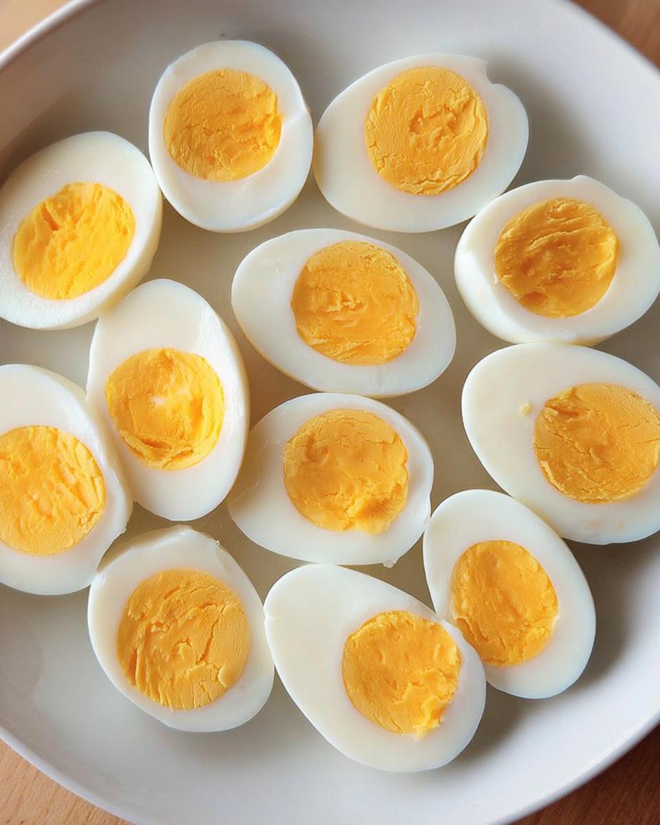 A plate filled with perfectly cooked hard-boiled eggs, sliced in half to reveal bright yellow yolks, ideal for healthy meals recipes.