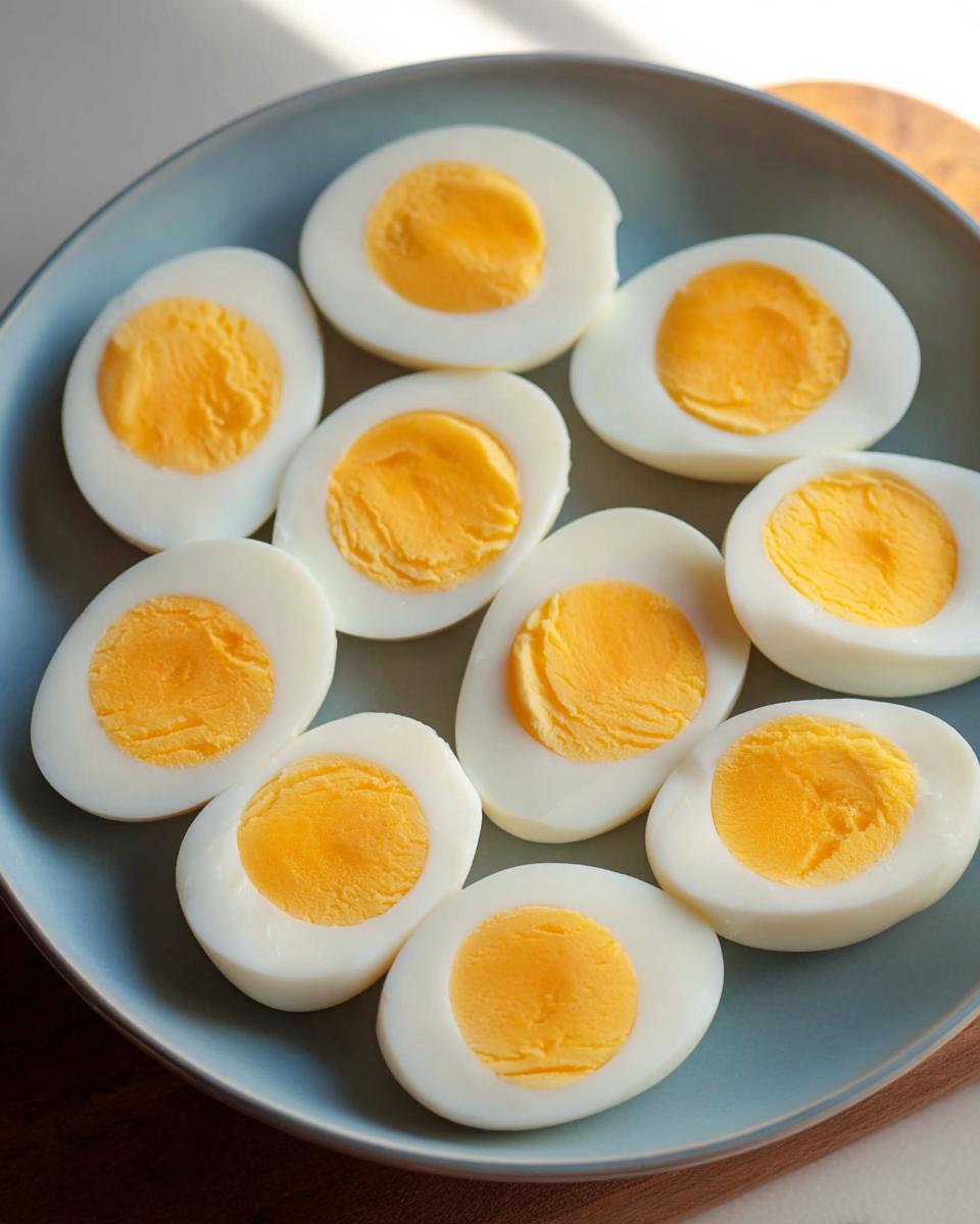 A plate of perfectly cooked hard-boiled eggs, sliced in half, showcasing bright yellow yolks. Ideal for healthy meals recipes meal prep.