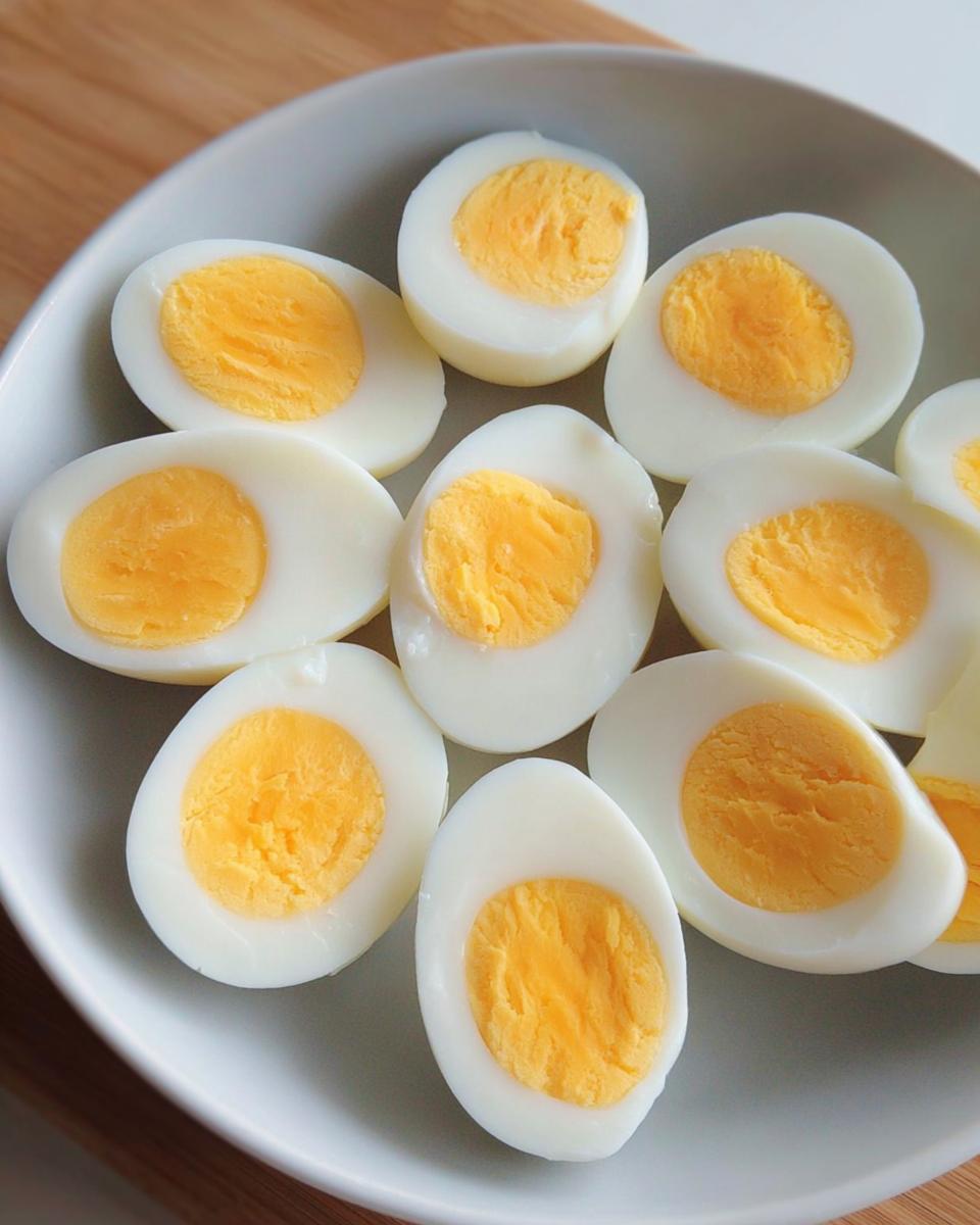 A plate of perfectly cooked hard-boiled eggs, halved to show their bright yellow yolks, ideal for healthy meals recipes meal prep.