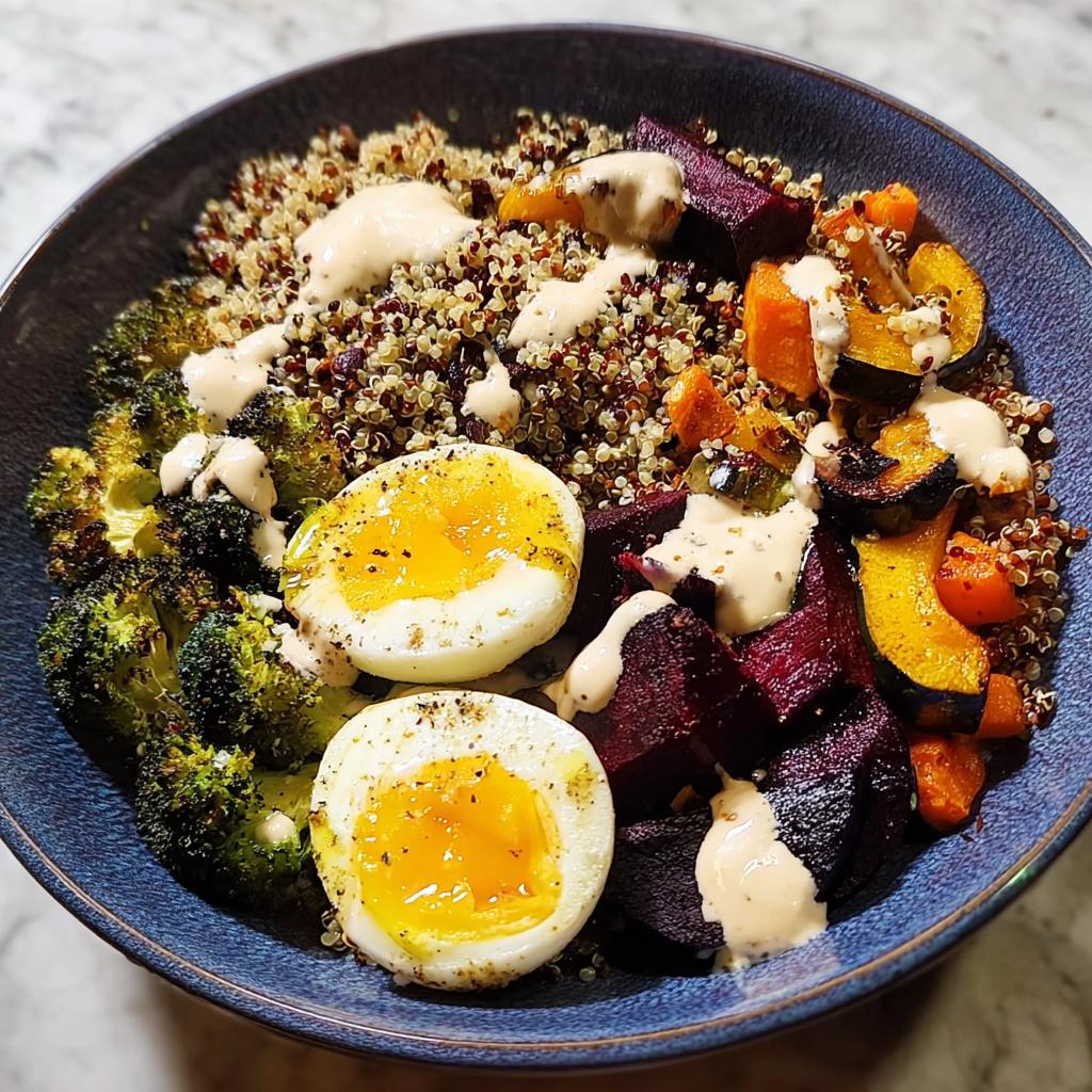 A vibrant bowl of quinoa topped with soft-boiled eggs, roasted broccoli, beets, and squash, drizzled with a creamy sauce. A perfect example of healthy breakfast ideas.