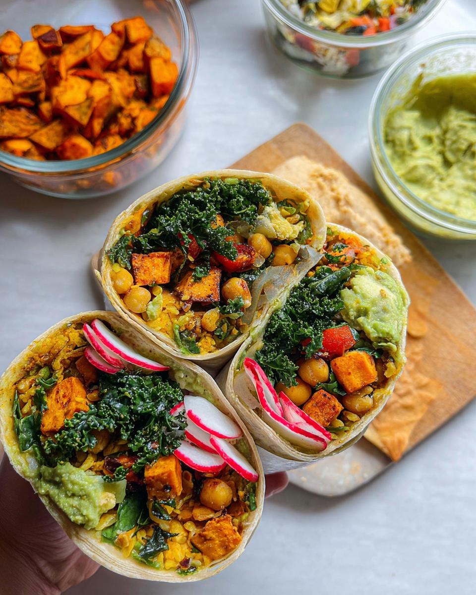 Three healthy burritos filled with sweet potatoes, chickpeas, kale, and avocado, perfect for meal prep sandwich ideas.