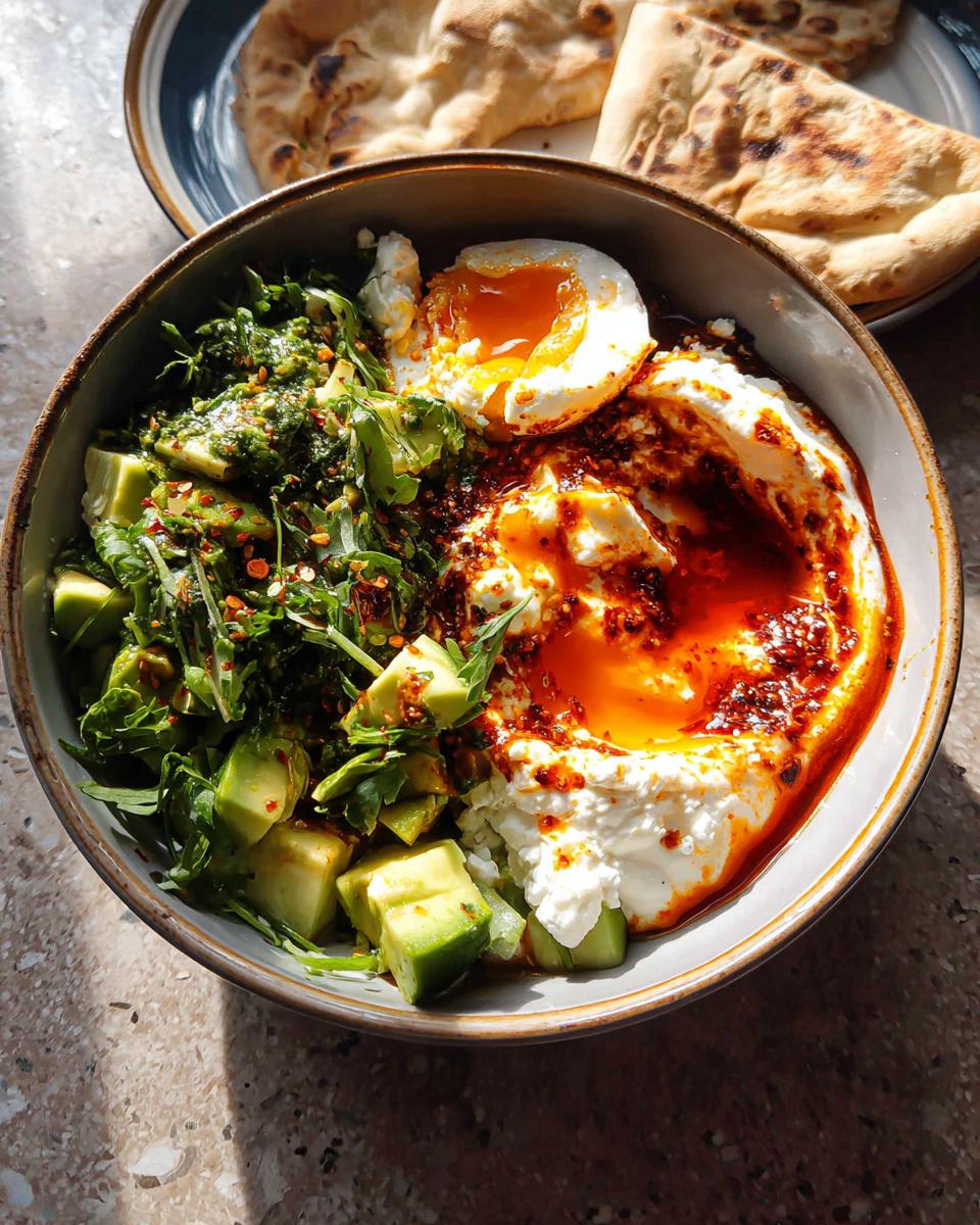 A vibrant and healthy meal bowl featuring a poached egg, creamy yogurt, fresh avocado, and greens, perfect for healthy meals recipes.