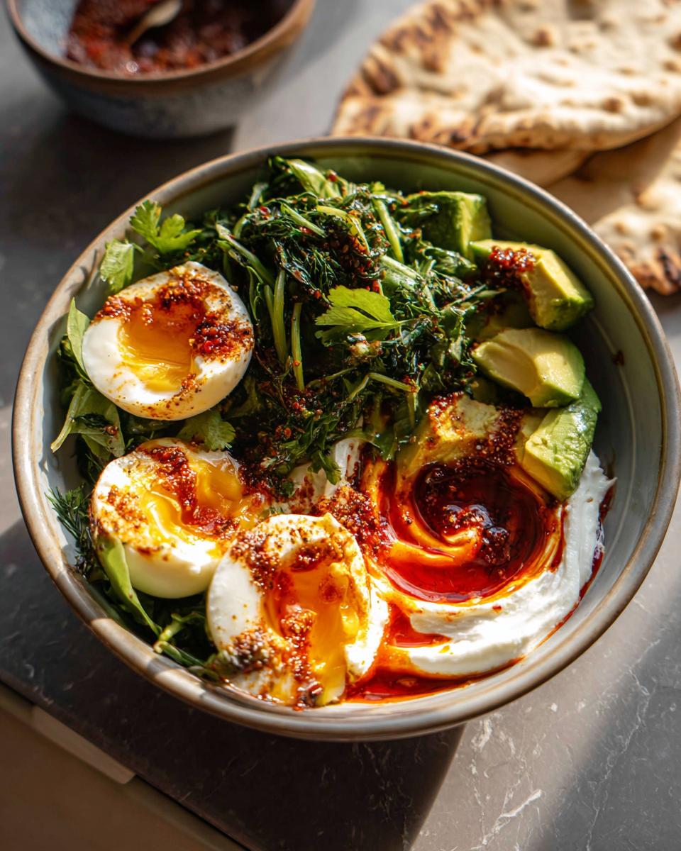 A healthy meal recipe featuring soft-boiled eggs, creamy yogurt, avocado, and greens, drizzled with chili oil.