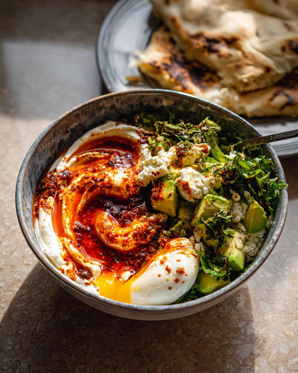 A healthy meal recipe bowl featuring a poached egg, avocado, feta cheese, and chili oil, with flatbread in the background.