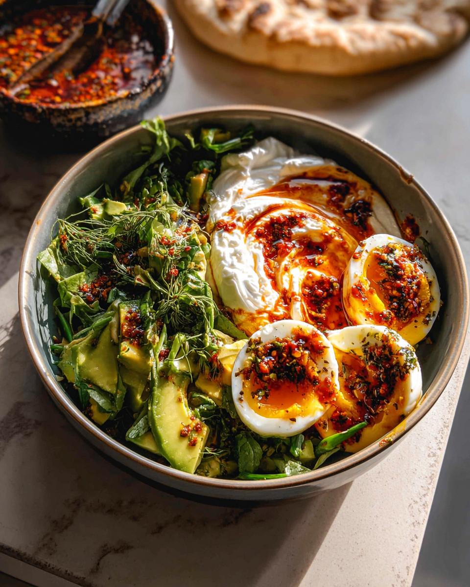 A vibrant and healthy meal recipe bowl featuring avocado, soft-boiled eggs, yogurt, and herbs, drizzled with chili oil.