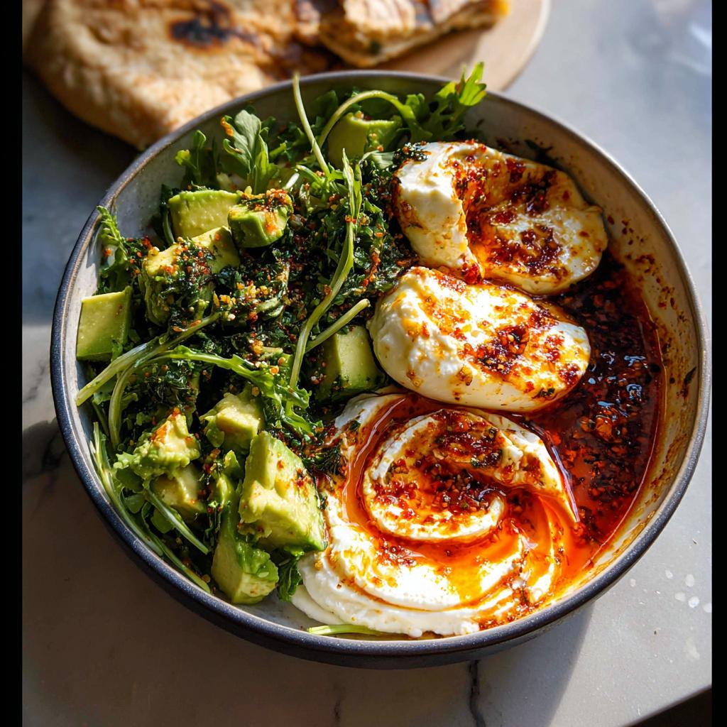 A vibrant bowl of healthy meals recipe featuring poached eggs, avocado, greens, and chili oil, perfect for a nutritious breakfast.