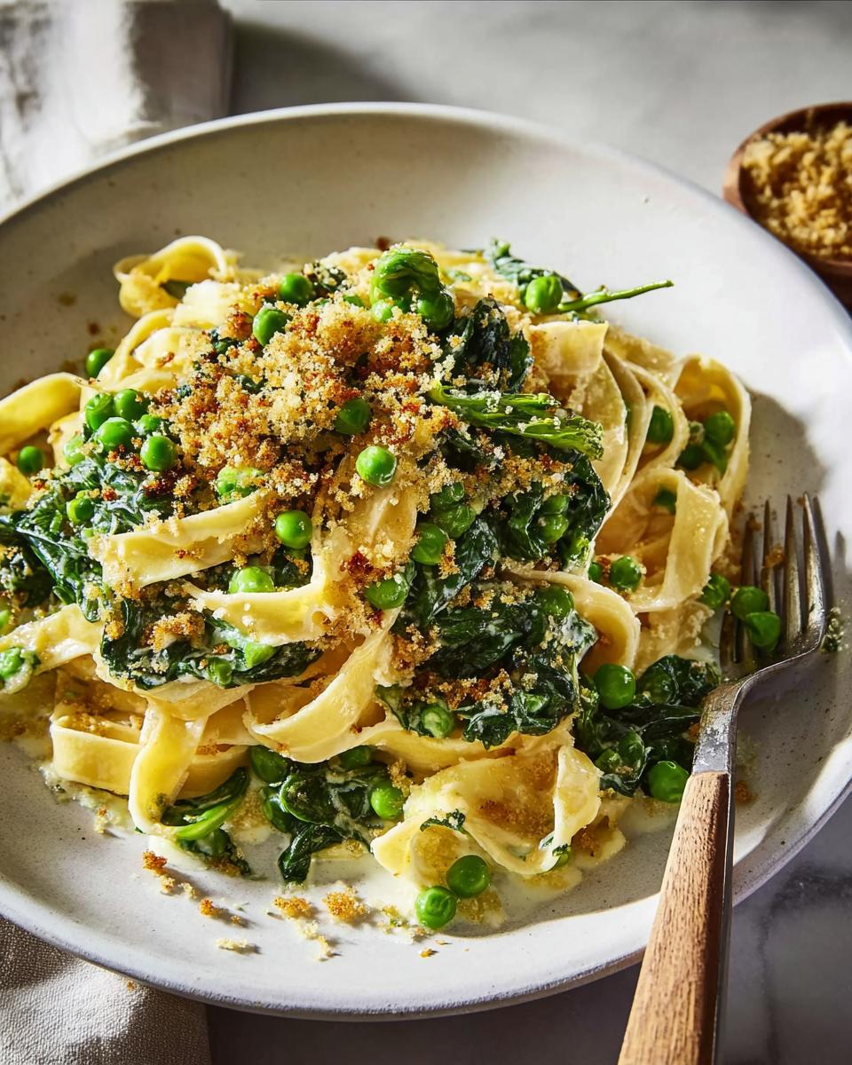 A close-up of a healthy meal recipe: creamy pasta with fresh peas and wilted greens, topped with toasted breadcrumbs.