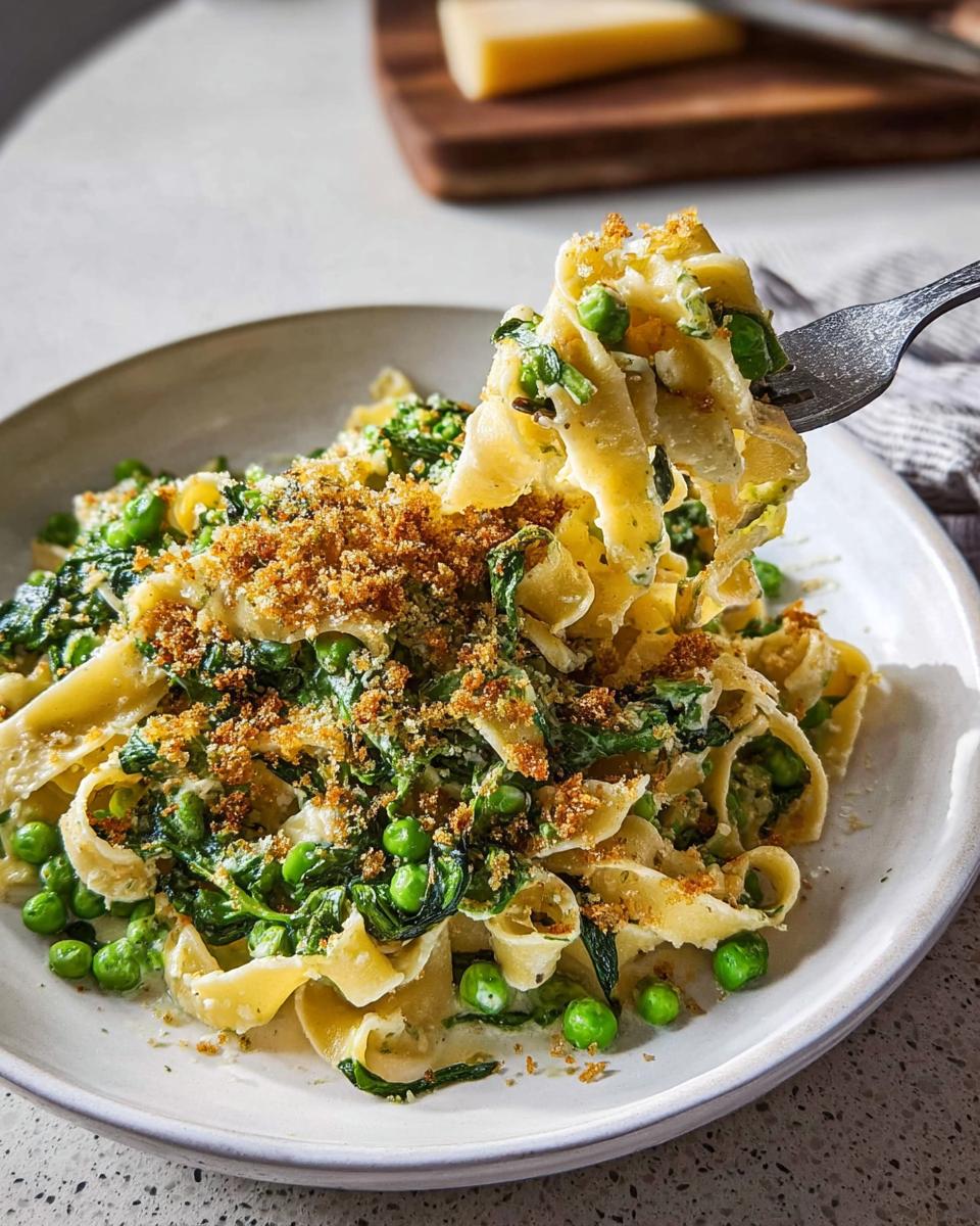 A fork lifts a portion of creamy pasta with peas and spinach, topped with breadcrumbs, a quick and healthy meal.