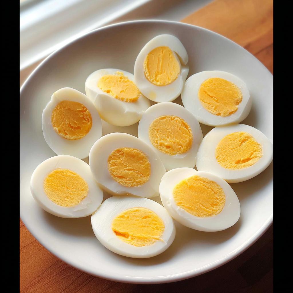 A plate of perfectly cooked hard-boiled eggs, sliced in half to reveal bright yellow yolks, ideal for healthy meals recipes.